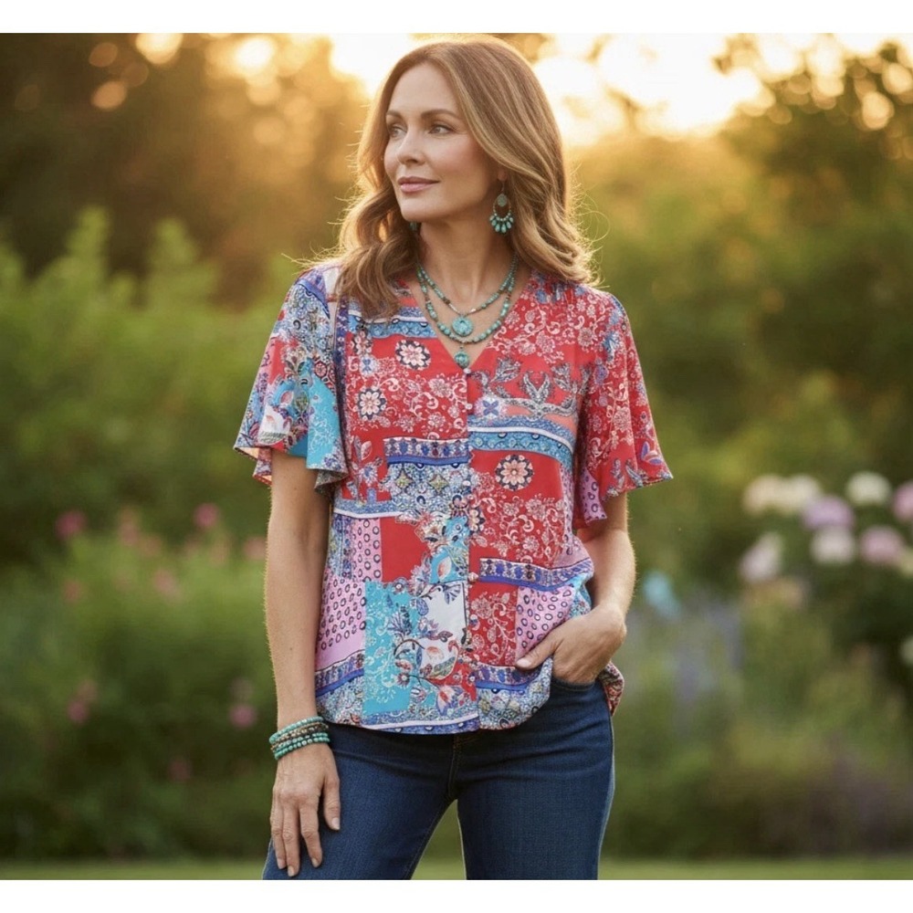 Chico's Size 2 (12-14) Patchwork Boho Peplum Blouse Red Blue Flutter Sleeves